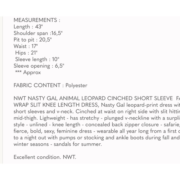 𝅺NWT NASTY GAL ANIMAL LEOPARD CINCHED SHORT SLEEVE  FAUX WRAP SLIT DRESS - 10 - Picture 14 of 14